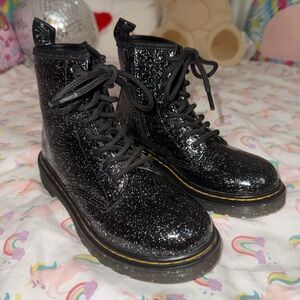 Dr. Martens Black Glitter Lace-Up Kids Boots with Yellow Welt